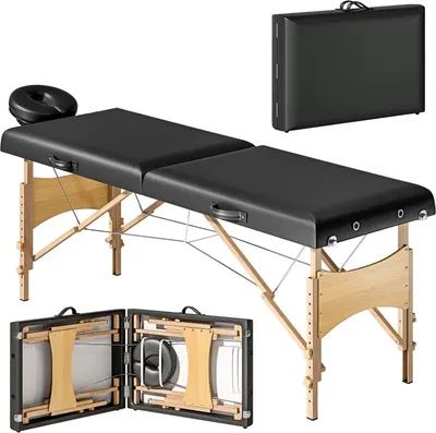 Produktbild von Fortuna Lai Mobile Massageliege 2 Zonen Klappbar Massagetisch Höhenverstellbar Massagebank 70 cm Breit mit Kopfstütze, Holzfüßen Massagebett Kosmetikliege Schwarz