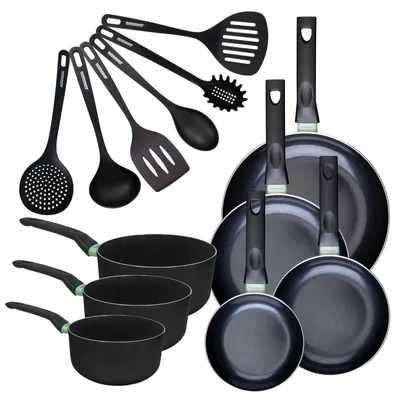 Image de Set de 4 poêles 16 20 24 et 28 cm et 3 casseroles 16, 18 et 20 cm antiadhésives céramique et 6 ustensiles Fackelmann Brandao