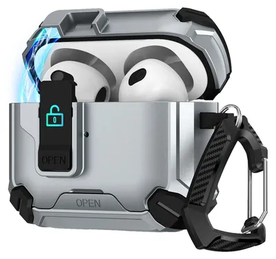 Produktbild von Hülle für Apple AirPods 5 Defender Schutzhülle mit Karabiner 360° Schutzbox Kopfhörer stoßfestes Full Body Cover Grau