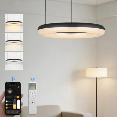 Produktbild von doporro Moderne LED Pendelleuchte – 60cm Dimmbare Esszimmerlampe hängend mit App & Fernbedienung, 3000–6000K, CRI≥95, höhenverstellbar, Luvina03,Sandschwarz + Innenweiß