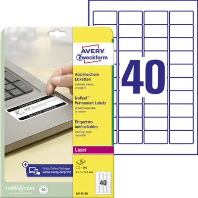 Produktbild von Avery Zweckform L6145-20 Abziehsichere Etiketten, 45,7 x 25,4 mm, 20 Bogen/800 Etiketten, weiß