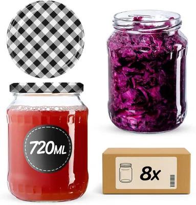 Image de KADAX Pots à conserves avec couvercle "Jukka", Pots à confiture, Pots à confiture, 720 ml, noir à carreaux, 8 pièces