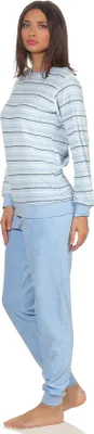 Produktbild von Eleganter Damen Frottee Pyjama langarm mit Bündchen in Streifenoptik - 291 201 13 568 ; hellblau , 44/46