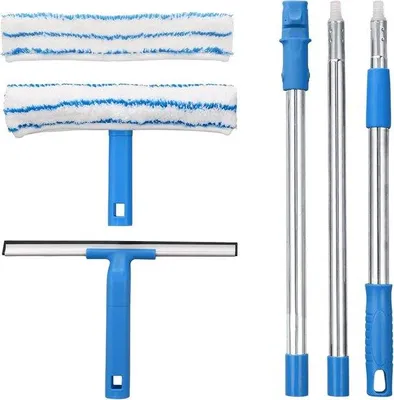 Produktbild von Famanu Fensterreiniger mit Teleskopstiel (146 cm) - Silikonwischer mit Mikrofaserbezügen