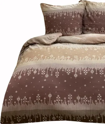 Produktbild von Winter Bettwäsche 200x200 cm Thermo Fleece beige braun Schneeflocken Streifen