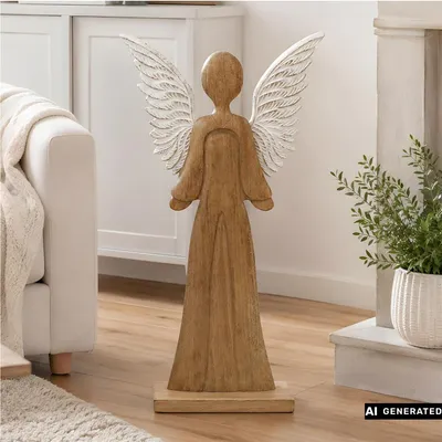 Produktbild von Figur "Schutzengel" 83 cm groß, Engel aus Mango-Holz, Metall-Flügel in weiß / gold, Dekofigur, Holzfigur