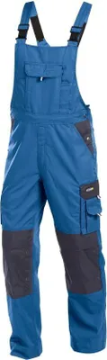 A pair of blue and dark gray work overalls.
