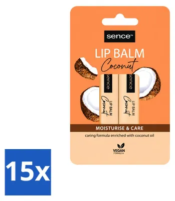Imagen del producto de 15 bálsamos labiales Sence, hidratantes y nutritivos, sabor coco, 4,3 g cada uno, pack de 15 unidades
