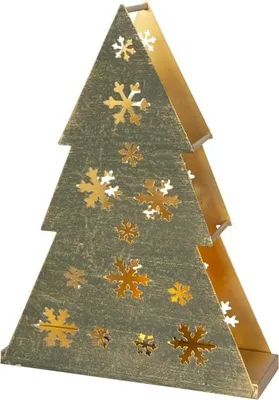 A decorative Christmas tree shaped candle holder with snowflake cutouts.