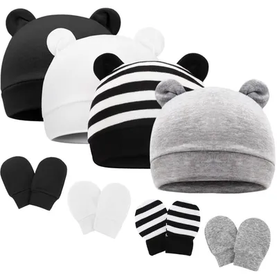 Image de Lot de 4 : bonnet et gants pour bébé, nouveau-né, 0-6 mois, en coton, couleurs : blanc, rose, gris