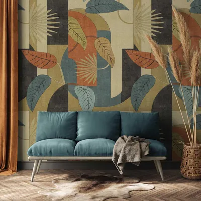 Produktbild von Abstrakte Vliestapete mit Blättern und grafischen Mustern – Beige, Blau, Rot