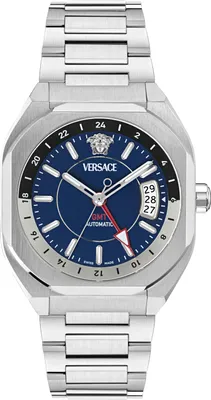 A close-up, front-facing view of a silver Versace men's watch with a blue dial.