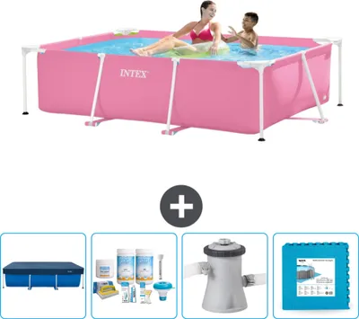 Obrázok produktu pre Bazén Intex s obdĺžnikovým rámom - 220 x 150 x 60 cm - ružový - vrátane krytu - balík na údržbu - filtračné čerpadlo pre bazén - dlažba