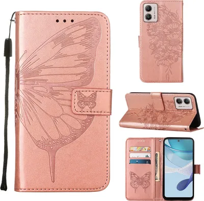 Produktbild von Lederhülle für Motorola Moto G53 / G23 / G13 Schmetterling Prägung Flip Ledertasche Kartenfächer Handyhülle mit Ständer Pink
