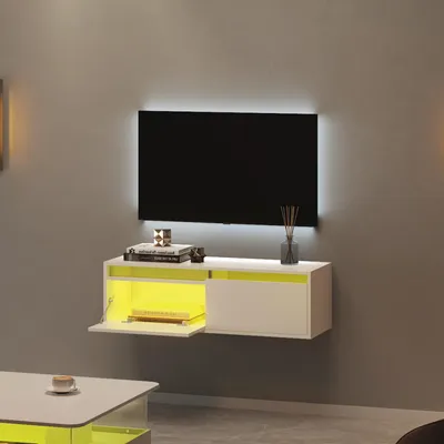 Produktbild von Radelldar Lowboard mit LED-Beleuchtung, TV-Schrank, hängend, Modernes grifflose TV-Board mit 2 Türen, 100 cm breit, Weiß
