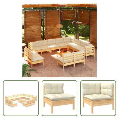Produktbild von The Living Store 13-tlg. Garten-Lounge-Set mit Creme Kissen Massivholz Kiefer