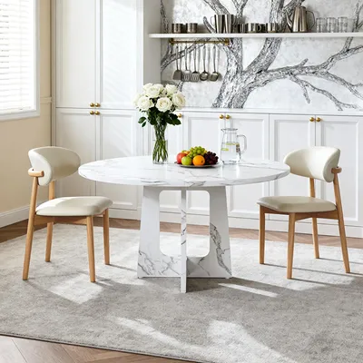 Produktbild von MODFU Runder Esstisch mit Stühlen Set, Ø120 cm Essgruppe Küchentisch für 4-6 Personen, MDF Tisch in Marmoroptik Weiß mit 2 Polsterstühlen und Eichenholzbeinen,Weiß