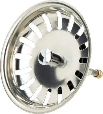A close-up studio shot of a stainless steel sink strainer basket.