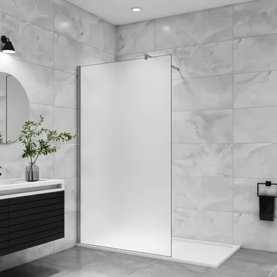A modern bathroom with a walk-in shower.