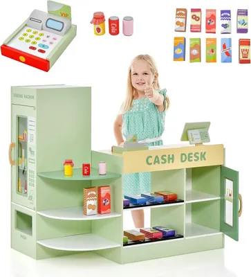 Produktbild von DREAMADE Kasse Kaufladen Kinder, Kaufmansladen Holz mit realistischer Kasse & Verkaufsautomat, Spiel-Supermarkt mit 15 Zubehör & Kreidetafel (Grün)