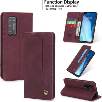 Produktbild von Huawei P40 Hülle, LaimTop Retro Kunstledertasche Schutzhülle mit Kartenfach Standfunktion für Huawei P40 Rot