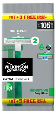 Zdjęcie produktu dla Wilkinson Extra Essential 2 Sensitive Jednorazowe maszynki do golenia dla mezczyzn, 15 sztuk