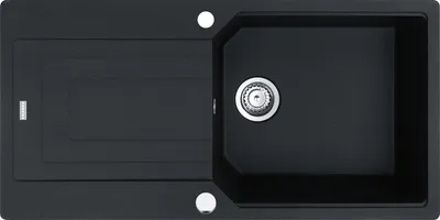 A top-down view of a black kitchen sink with a drainer.