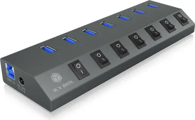 Produktbild von ICY BOX IB-HUB1701-C3, 7 Port USB 3.2 Gen 1 Type-A Hub, Aluminium Gehäuse, mit 7x USB Type-A, Type-A + Type-C Host, An-/Ausschalter für jeden Port, USB 3.2 Gen 1 (3.1 Gen 1) Type-B, USB 3.2 Gen 1 (3.1 Gen 1) Type-A, 5000 Mbit/s, Anthrazit, Aluminium, Leistung