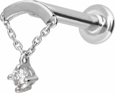 Produktbild von Ohrpiercing, Nasenpiercing 14 Karat Gold Labret mit Innengewinde MOISSANIT + BOGEN + KETTE 14 Karat | WeißGold Stablänge: 7mm - Stabstärke: 1mm