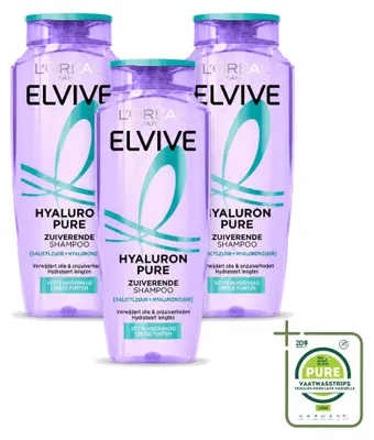 Productafbeelding van 3 x L'Oréal Paris Elvive Hyaluron Pure Shampoo - 250 ml - Grote verpakking - 3 stuks