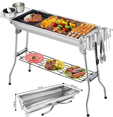 Productafbeelding van RVS Barbecue - Houtskool Grill - BBQ - Roestvrijstaal - 73 x 34 CM - Inclusief kookgereedschap - Zilverkleurig