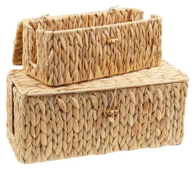 Produktbild von Kabelbox, 2 Stück, aus geflochtenem Wasserhyazinth – Kabelaufbewahrungsbox mit Bambusdeckel