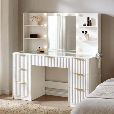 Productafbeelding van Make-uptafel met spiegel en 10 LED-lampen, grote kaptafel met glazen blad en stopcontact, 7 lades en een föhnhouder, moderne make-uptafel voor de slaapkamer (wit, 120 x 39,8 x 136,4 cm)
