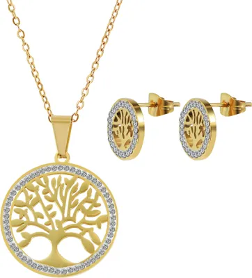Produktbild von Akzent Schmuckset mit Kette und Ohrringen, Edelstahl, Similibesatz, Lebensbaum