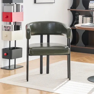 Produktbild von Moderner Essstuhl, imitatledergepolstert, Fass-Design, Armlehnen, integrierte gebogene Rückenlehne, Metallgestell, für Küche, Wohnzimmer & Restaurant, bequemes Sitzen, stabil, pflegeleicht, braun