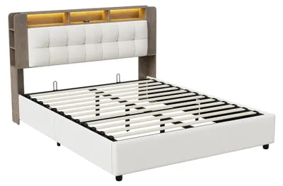 Immagine prodotto di Letto imbottito - Letto matrimoniale - 140 x 200 cm - Illuminazione a LED - Spazio contenitore con sistema idraulico - Struttura in metallo - Bianco crema