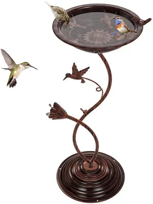 Image de Bain d'oiseaux en métal pour le jardin, sur pied, avec abreuvoir