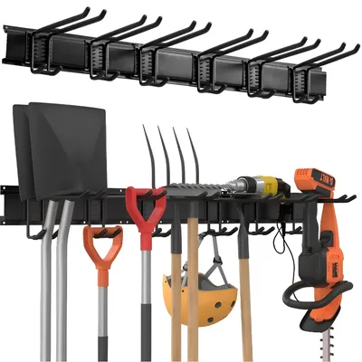 Produktbild von TOJ Werkzeughalter Wand – 3 Schienen mit 6 großen Doppelhaken – bis 225 kg belastbar – Gerätehalter für Garage, Werkstatt, Schuppen & Garten – Schwarz