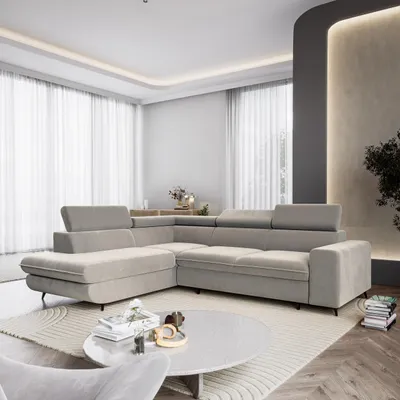 Produktbild von Masseno Ecksofa VELISS mit Schlaffunktion L-Form, Sofa mit Bettkasten, Wohnzimmersofa, Couch, Soffa, Bettsofa, Couchgarnitur- Hellgrau, CASTEL 80