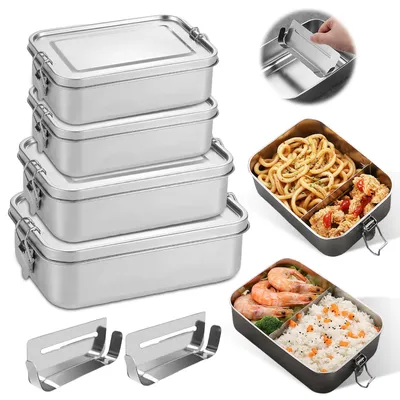 Image de Ensemble de boîtes à lunch Bento en acier inoxydable, comprenant 4 compartiments : 850 ml, 1400 ml, et 2 x 550 ml. Boîtes à lunch en acier inoxydable, boîtes à lunch Bento avec compartiments, idéales pour les pique-niques, le travail et l'école