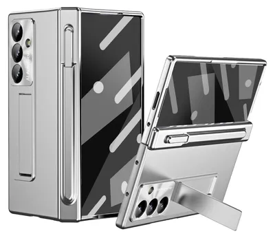 A silver phone case with a geometric pattern on the back, shown in two configurations: closed and open with a kickstand.