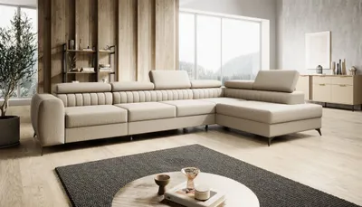 Productafbeelding van Eckbank, slaapbank, bank FARGO MAX, bekleed met stof Vogue in beige, met een hocker aan de rechterkant