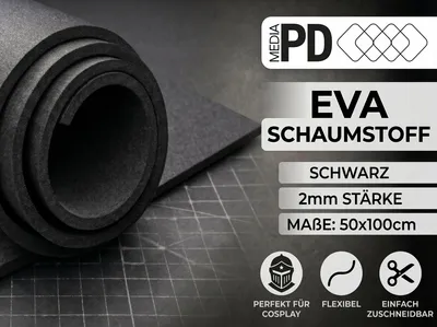 Obrázok produktu pre PD Media EVA pena, čierna, 2 mm – 50 x 100 cm, vysoká hustota (80 kg/m³), penová guma na cosplay a ručné práce