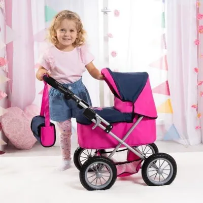 Produktbild von Puppenwagen Trendy mit Tasche, höhenverstellbarem Griff, großen Rädern und integriertem Korb, faltbar, Rosa/Blau