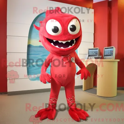 Produktbild von Rotes REDBROKOLY Barrakuda-Maskottchenkostüm mit einteiligem Badeanzug und Krawattennadeln