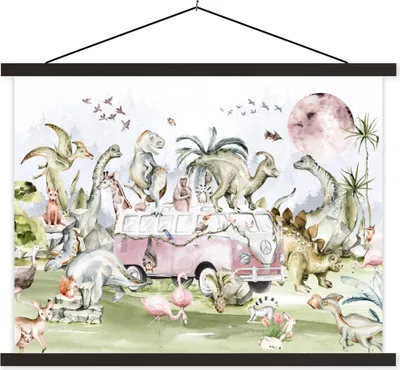 Produktbild von MuchoWow® Textilposter Dinosaurier - Kinder - Bus - Bäume - Tiere - Kinder 150x113 cm mit schwarzem Rahmen - Wohnzimmer