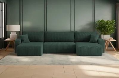 Image de Canapé d'angle Kaiser avec fonction couchage et coffre de rangement, canapé en U, canapé MILANO en velours épais vert