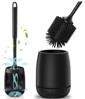 Image de Brosse WC avec support - Silicone - Noir - Sur pied et murale - 360° nettoyage