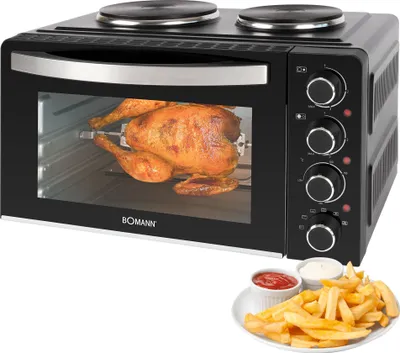 Produktbild von Bomann® Mini-Backofen mit Kochplatten und Drehspieß | gleichzeitig kochen u. backen | 28L Umluft Ober-/Unterhitze 100°-230°C | Elektrischer Mini Ofen 3100 Watt inkl. Zubehör | KK 6059 CB