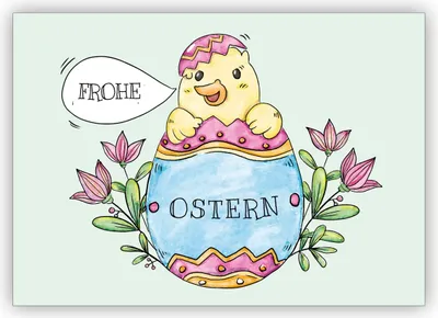 Produktbild von Lustige gezeichnete Osterkarte mit im Osterei geschlüpftem Küken zum Osterfest "Frohe Ostern"